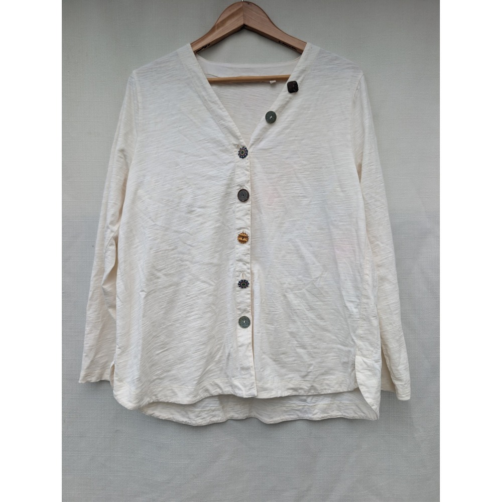 Soft Surroundings Lagenlook Cardigan L Cream Cotton Slub Eclectic Novelty Button